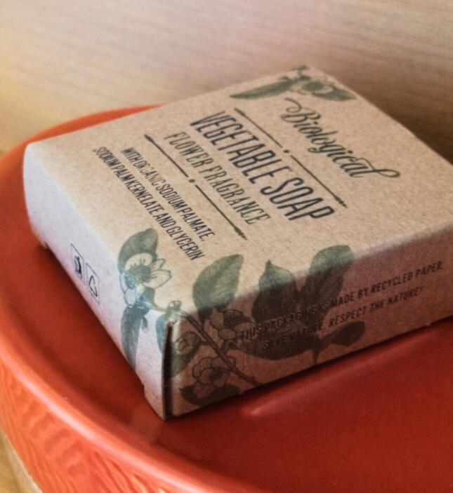 savon-bio-offert.jpg Petit savon à main (et autres produits de première nécessité) mis à disposition pour les hôtes